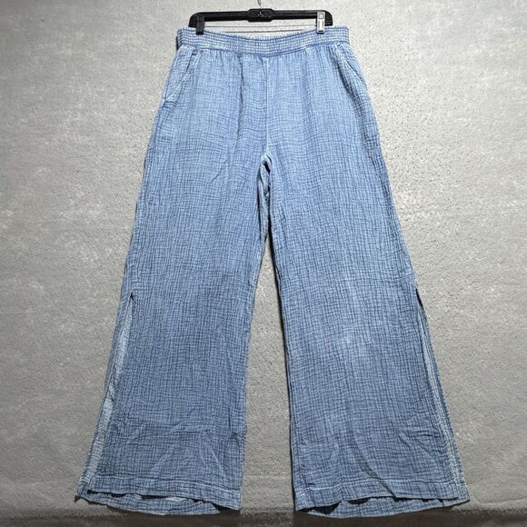 aerie Pants - Aerie Gauze Pants XL Blue Wide Leg Side Slit Smocked Coastal Beach PullOn Cotton
